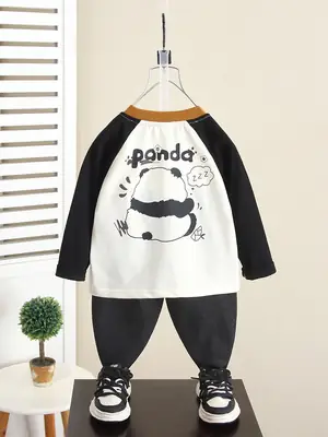 Boys Long Sleeve T-Shirt Cartoon Panda White Black 2024