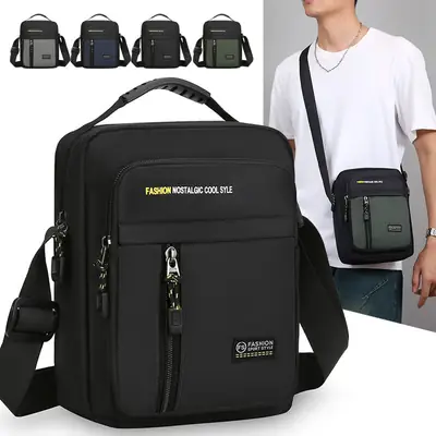 Men's Black Vertical Shoulder Bag with Zip & Strap