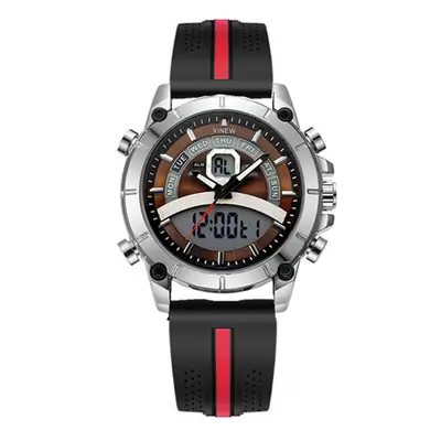 Men's Dual Time Sports Wrist Watch Black Red Rubber Band