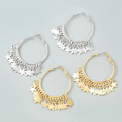 Silver Round Multi Layer Star Tassel Earrings for Women