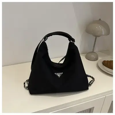 Black Nylon Shoulder Tote Bag for Women 2024