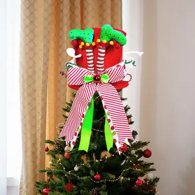 Christmas Tree Topper with Witch Legs Bow Hat Star