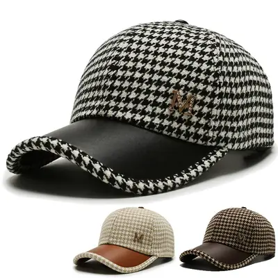 Houndstooth Leather Cap for Men Winter