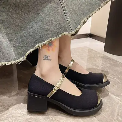 Tweed Style Square Toe French Flats for Women 2025 New Summer Hot Style with Skirt Mary Jane Shoes Thick Heel High Heels