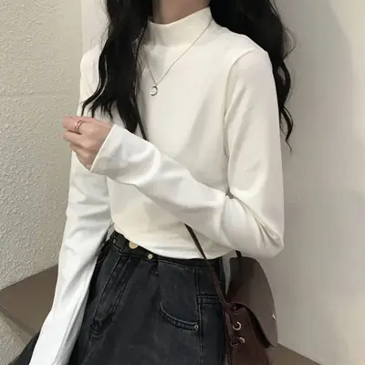 Velvet Mock Collar Base Shirt Women's Inner Wear Autumn and Winter Inner Wear New Long Sleeve T-Shirt Slim Warm Top Wear