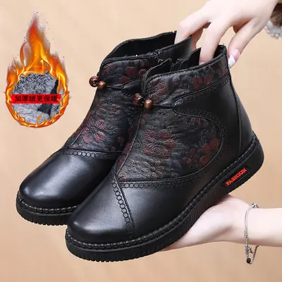 Winter Leather Boots for Women Black Fleece Lined
