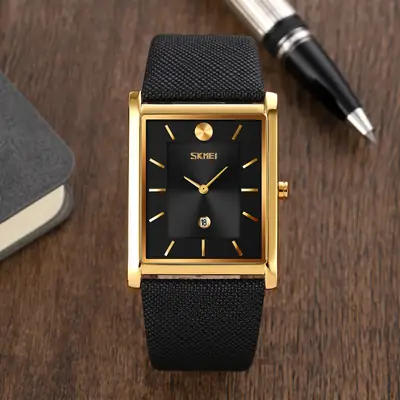 Skmei Square Gold Watch Black Strap Quartz Business Calendar