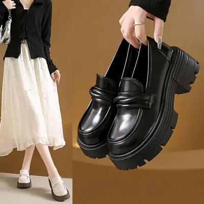 Women's White Thick Heel Loafers with Skirts