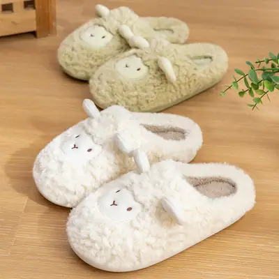 Cute Sheep Embroidered Cotton Slippers Women Winter