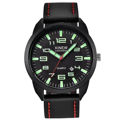 Men's Black Quartz Calendar Watch with Red Belt