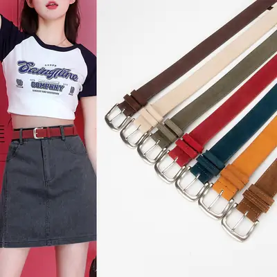 Women Retro Frosted Leather Belt Brown Pin Buckle