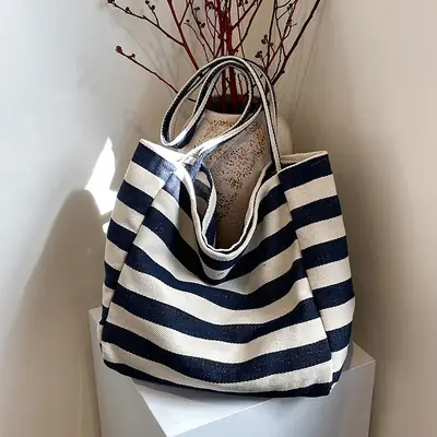 Striped Canvas Shoulder Bag Large Capacity Lazy Style