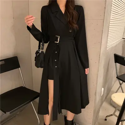 Black French Style Long Sleeve Belted Dress