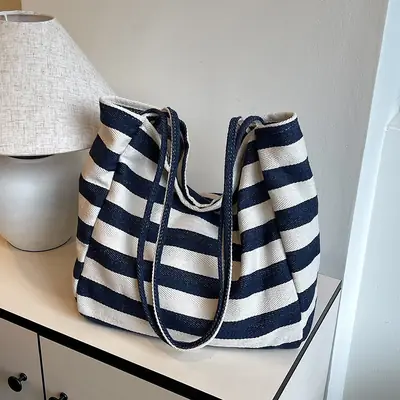 Striped Canvas Shoulder Bag Women's Trendy Casual