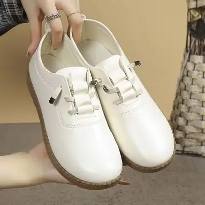 Women's White Leather Slip-On Shoes with Warm Sole
