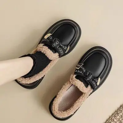 Women's Black Fleece Loafers Winter Warm British Style