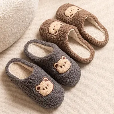 Cute Bear Embroidered Cotton Slippers for Women Winter Warm