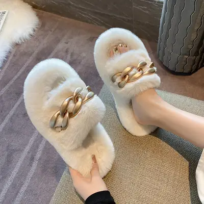 Women Furry Chain Slippers Spring Autumn Outdoors