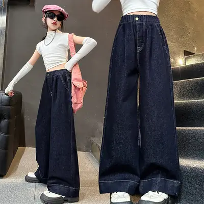 Girls Dark Blue Wide Leg Pants 2025 Spring Autumn Loose Fit Korean Style