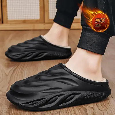 Cross-border plus size fleece-lined Men's Cotton Slippers Winter New Simple Waterproof Baotou Comfortable Soft Bottom Home Outdoor Cotton Shoes