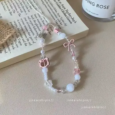 Pink Bow & Crystal Pearl Mobile Phone Chain Lanyard