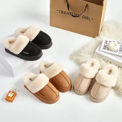 Women's Fleece Lined Winter Slippers Black Non-Slip