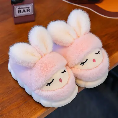 Winter Children's Cotton Slippers Cute Rabbit Warm fleece-lined Girl Parent-Child Home Non-Slip Platform Baby Cotton Shoes