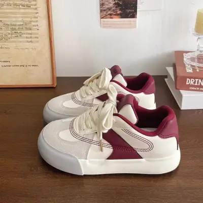 Women's Maroon & White Leather Training Shoes with Thick Sole