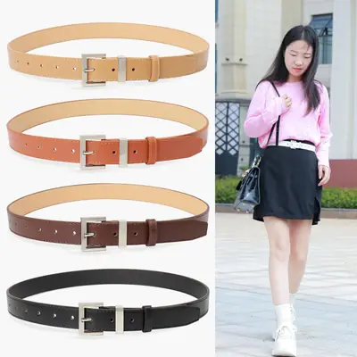 Black Leather Belt for Women with Buckle & Pockets