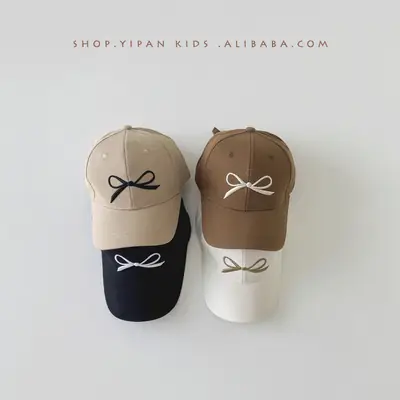 Beige Bow Embroidered Baseball Cap for Girls Boys