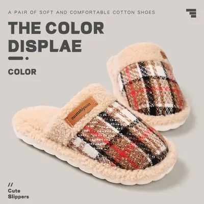 Women Plaid Cotton Slippers Winter Warm Indoor