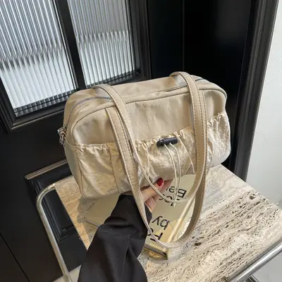 Black Nylon Shoulder Bag with Drawstring Closure
