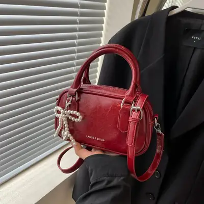Women's Black Pleated Square Handbag with Pearl Decor