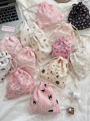 White Floral Drawstring Storage Bag for Accessories