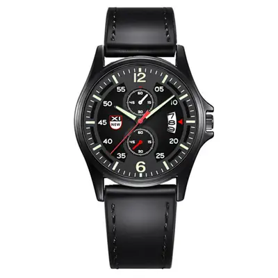 Men's Black Leather Strap Quartz Watch with Green Dial