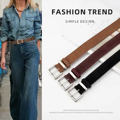 Women's Retro Leather Belt Brown Matte Velvet Belt