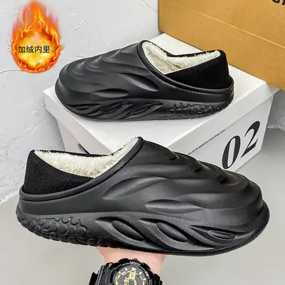 Men Winter Fleece Slip-On Shoes Black Warm Indoor