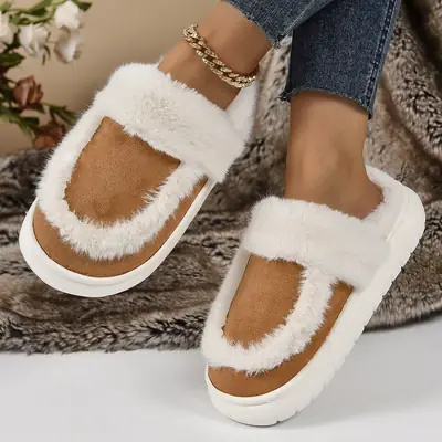 2024 Winter Women's Thick Plush Slippers Brown White