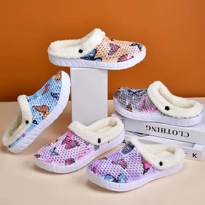 Velvet Cut Out Clogs, Home Casual Slip-On Warm Cotton Slippers, Autumn and Winter Cute Butterfly Garden Shoes, Comfortable