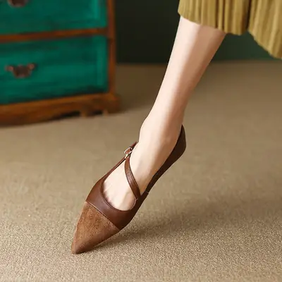 Women's Vintage Brown Flat Heel Shoes with Buckle Strap