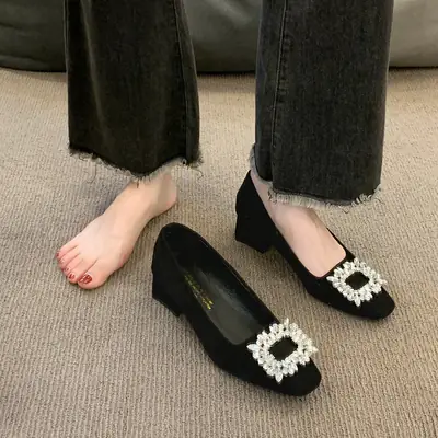 French Style Rhinestone Heels Square Toe High Heels