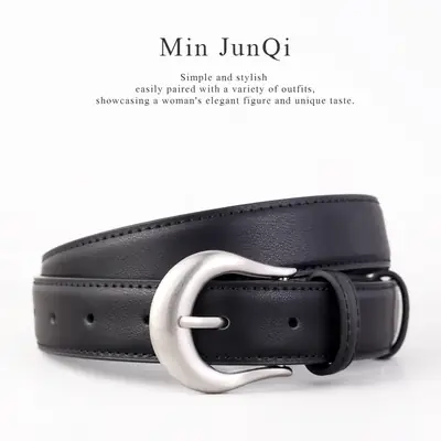 Women Genuine Leather Belt with Silver Buckle Black