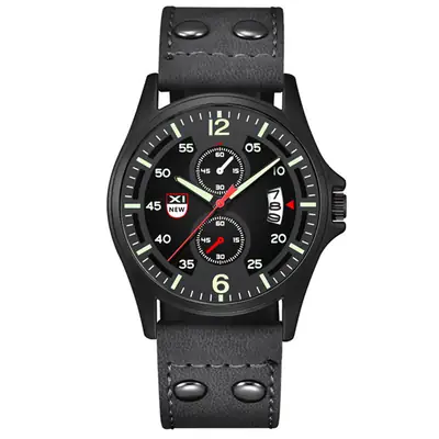 Men's Military Style Green Leather Watch with 3-Hand Display