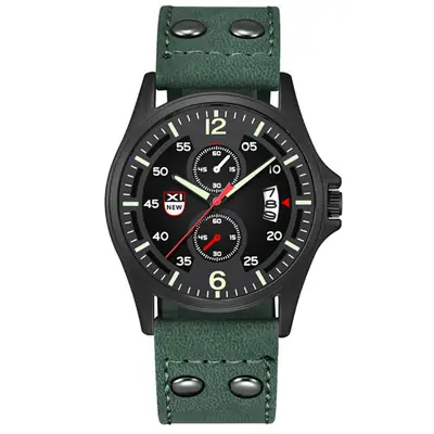Men's Date Quartz Leather Band Watch Green Dial