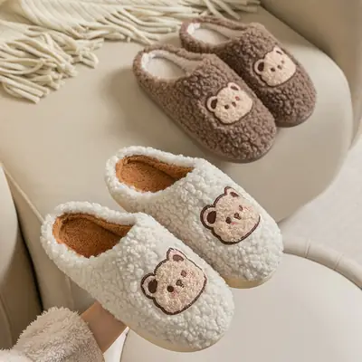 Pink Bear Embroidered Cotton Slippers Women Winter Warm