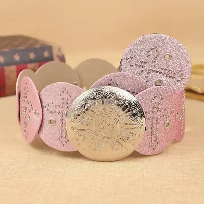 Vintage Hot Girl Faux Leather Belt Hook Pink Rivet Patchwork