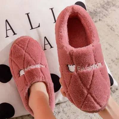 Pink Cotton Slippers for Men Women Warm Indoor Non-Slip