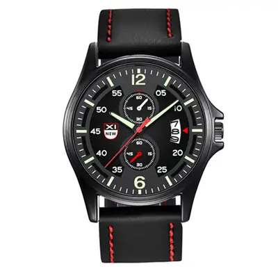 Men's Black Leather Date Quartz Watch with Green Dial