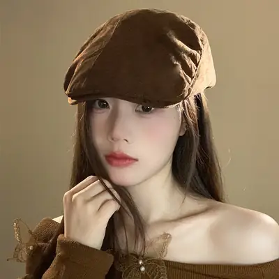 Women Retro Suede Duck Tongue Beret Hat Autumn Winter 2024