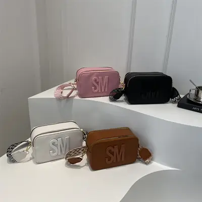 Women Letter Print Shoulder Bag with Zigzag Strap